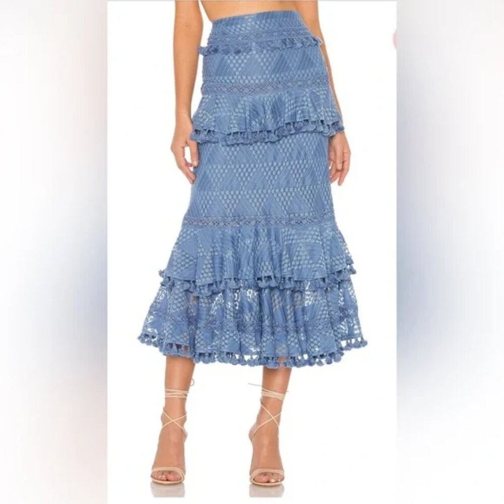 Tularosa Addie Fringe Maxi Skirt in Slate Blue size xs